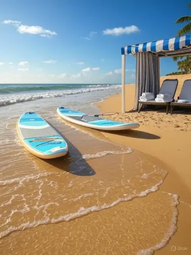 Beach Day Combo 1 - 1 x Cabana, 2 x Chairs, 2 x Towels & 2 SUP boards or Single Kayaks